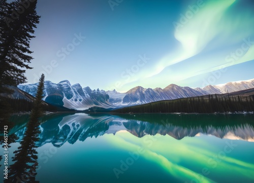arctic circle landscape with aurora, lake, trees, mountains, generative ai © Ricky