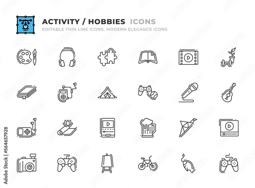 Editable Activity and Hobbie icons set. Thin line outline icons such as movies, lifestyle, camera, gamepad, art, bicycle, book, listen, camping tent, interests, microphone, guitar vector