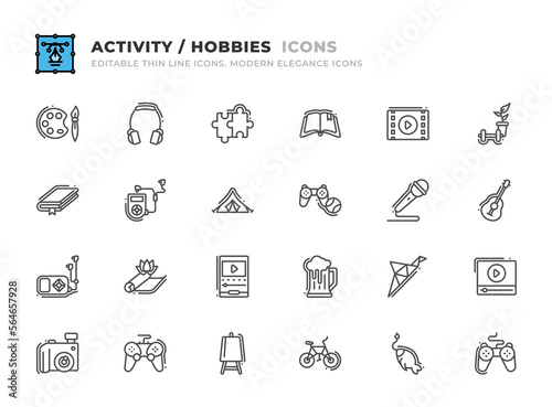 Editable Activity and Hobbie icons set. Thin line outline icons such as movies  lifestyle  camera  gamepad  art  bicycle  book  listen  camping tent  interests  microphone  guitar vector