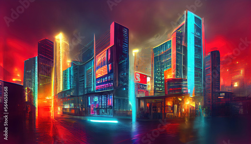 Rendering of neon mega city with light reflection