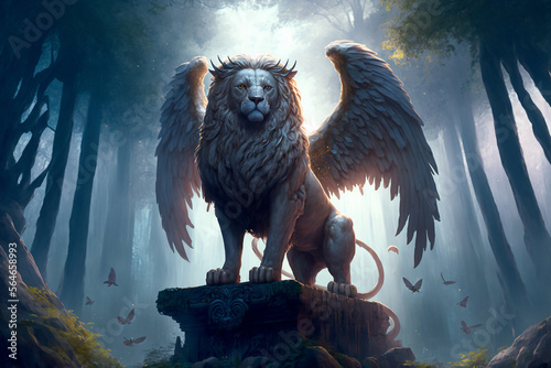 Magical winged lion guardian of the forest - AI generative