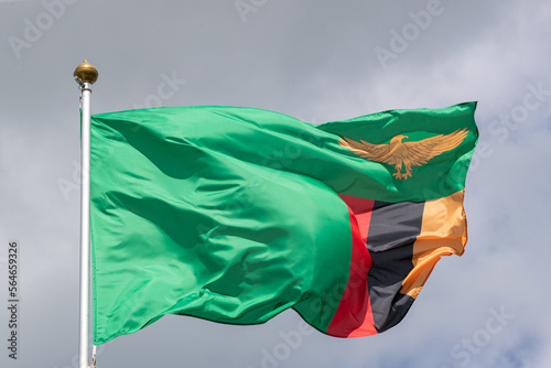 Flag Zambia for advertising, celebration, achievements, festivals, elections. The Flag of Zambia is flying in the beautiful sky. Great for news.