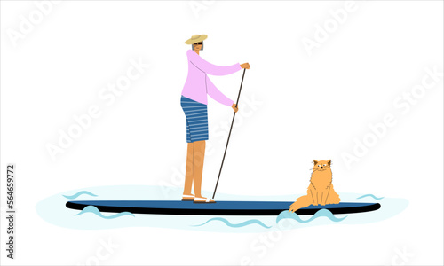 Senior lady standing on sup board and the cat as passenger. Cartoon simple character paddle boarding story.