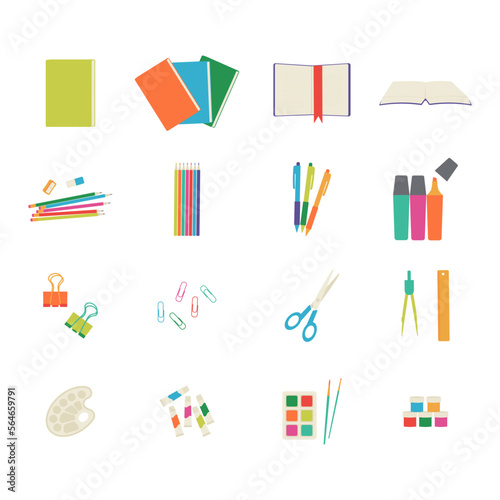 School supplies and items set isolated on white background. Back to school. Education accessories. 