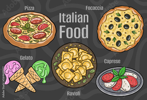 Italian food. A set of classic dishes. Cartoon hand drawn illustration.
