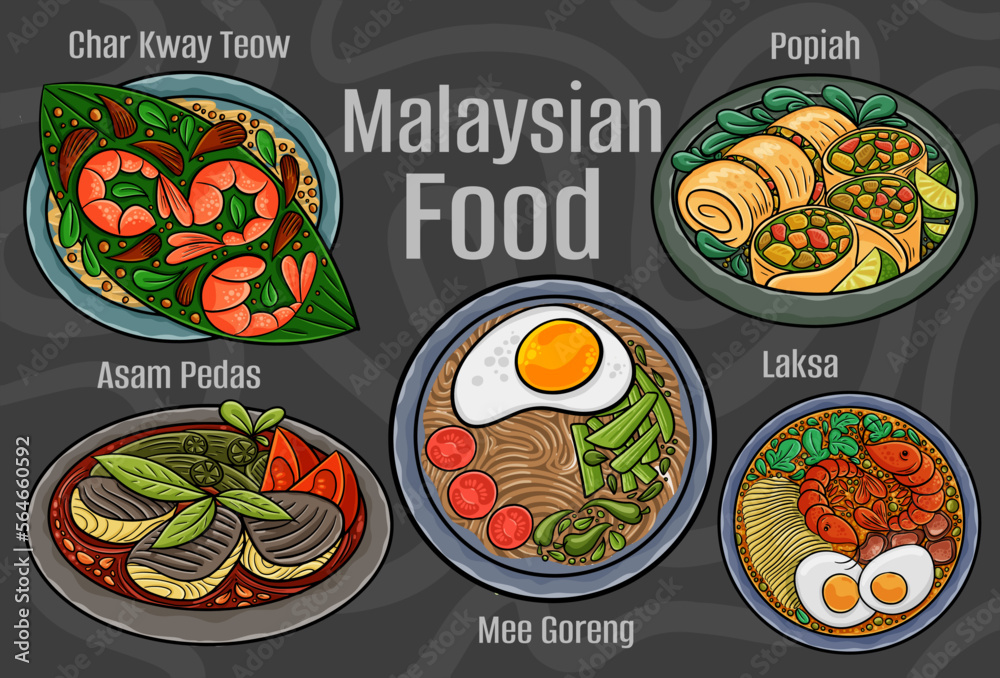 Malaysian food. A set of classic dishes. Cartoon hand drawn illustration.