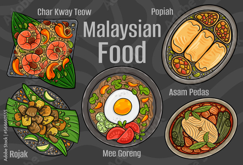 Malaysian food. A set of classic dishes. Cartoon hand drawn illustration.