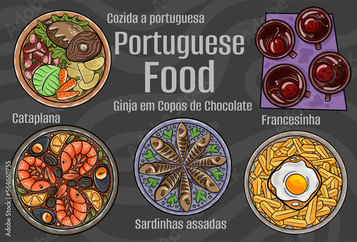 Portuguese food. A set of classic dishes. Cartoon hand drawn illustration.