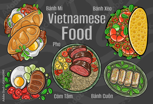Vietnamese food. A set of classic dishes. Cartoon hand drawn illustration.