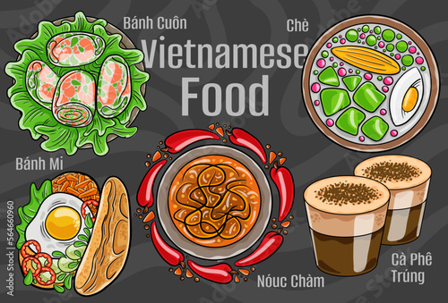 Vietnamese food. A set of classic dishes. Cartoon hand drawn illustration.