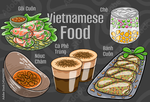 Vietnamese food. A set of classic dishes. Cartoon hand drawn illustration.