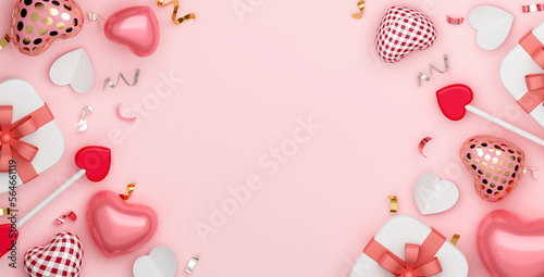 Happy Valentines day Mother's Day background with text copy space with realistic heart balloon, heart arrow, gift box and rose gold confetti. Top view. 3D rendering illustration