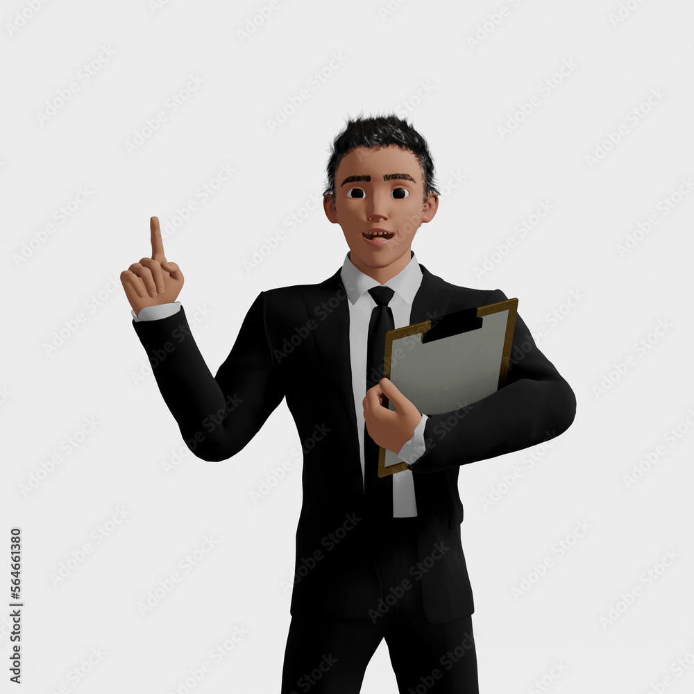 3d render. Cartoon character cute young man with clipboard isolated on white background. explaining plan or presenting a plan. Caucasian male wears suit. Business concept 3d render. Cartoon character cute young man with clipboard isolated on white background. explaining plan or presenting a plan. Caucasian male wears suit. Business concept