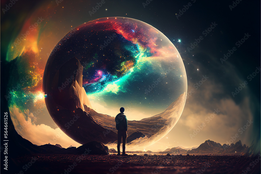 Silhouette of man against universe cosmic background. Meditation and ...