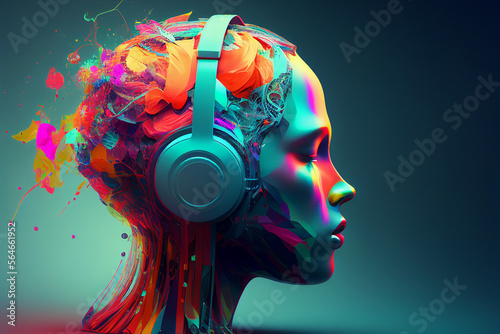 Creative music background. Colorful head wearing headphones on bright background. Sound inspiration and emotions. Created with Generative AI
