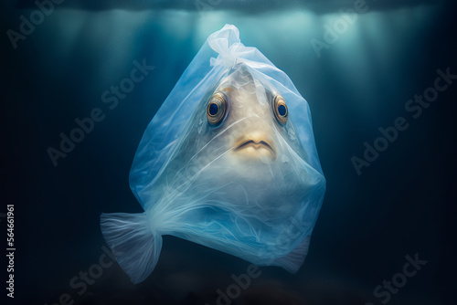 A fish in a plastic bag . The concept of pollution in the ocean. The concept of fighting for a clean ocean. Generative IA photo