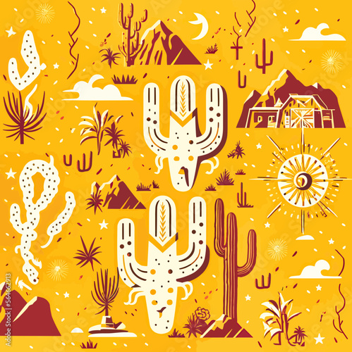 Symbols Of Wild-West. Cacti  Snakes  Mountains  Desert  Sun  Cowboys. Vector Illustration Set