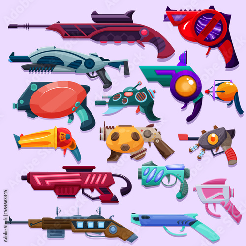 Hand drawn vector set of cartoon fantastic blaster weapons on a black background.