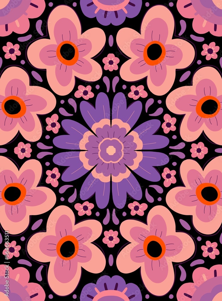 Optical floral design in pink and violet