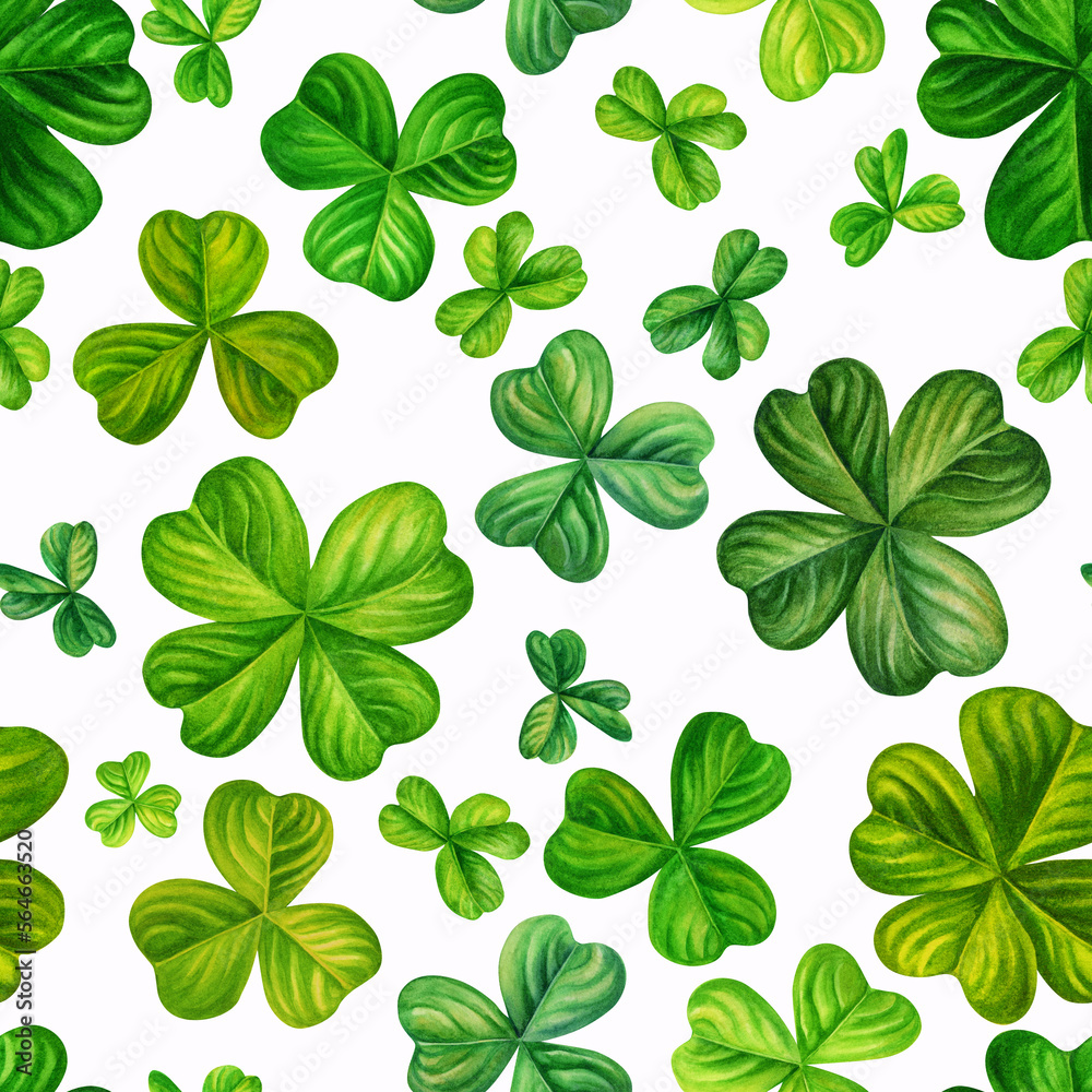Watercolor hand drawn four leaf clover seamless pattern for St. Patrick's Day for good luck. Element isolated on white background