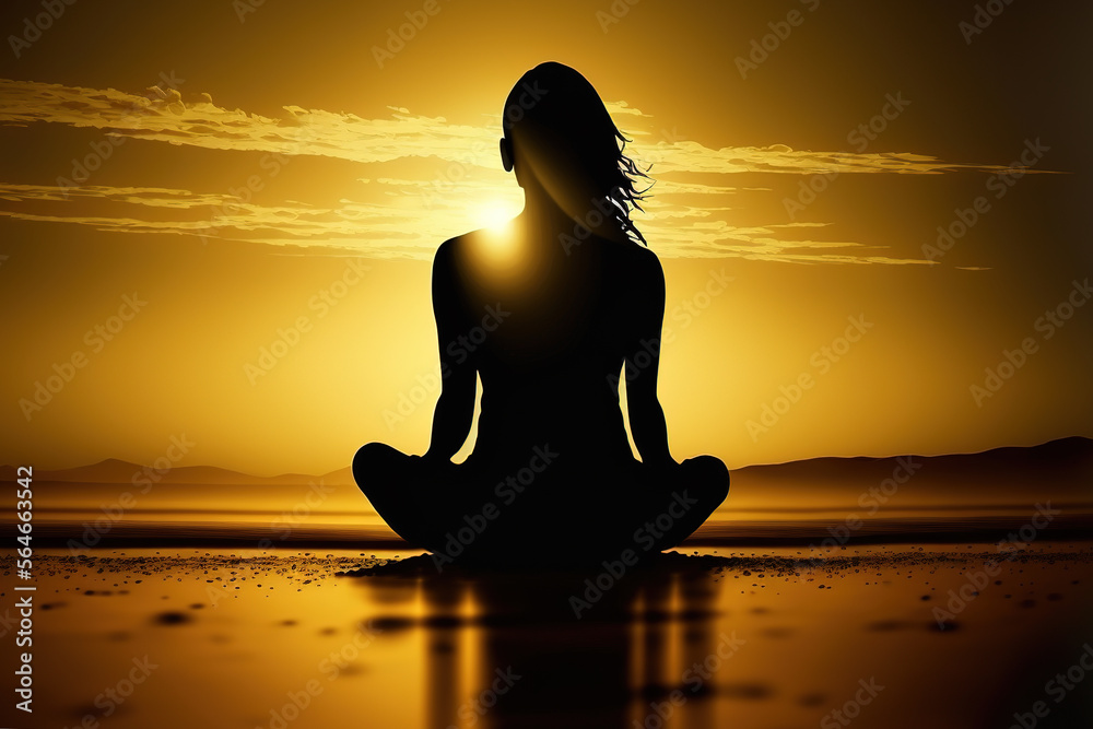 Spirituality concept of a woman silhouette backview meditating against the sunlight. Golden sunset sunbeam. Generative AI Illustration