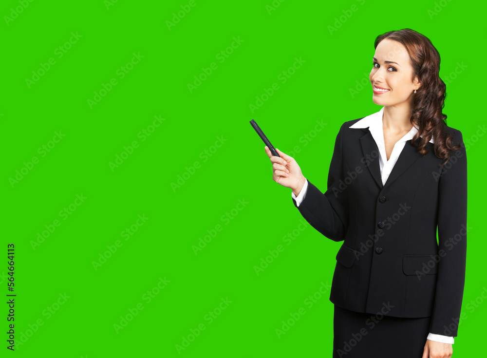 Portrait image of smiling beautiful business woman in confident suit, showing pointing advertising. Businesswoman, executive worker, teacher gesturing. Green chroma key background. Portrait image of smiling beautiful business woman in confident suit, showing pointing advertising. Businesswoman, executive worker, teacher gesturing. Green chroma key background.