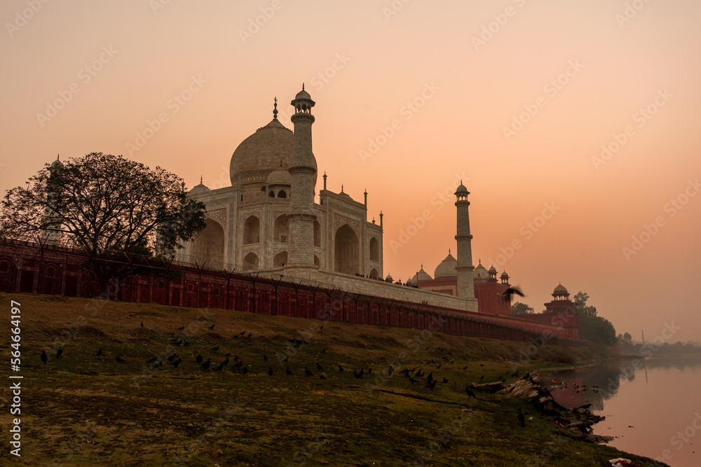 Panoramic view of Taj Mahal during sunset in Agra, Uttar Pradesh, India
