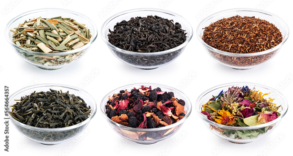 Tea collection in glass bowl isolated on white background. Green tea, lemongrass, rooibos red tea, black tea, fruits tea, herbal tea. Collection with clipping path. Tea collection in glass bowl isolated on white background. Green tea, lemongrass, rooibos red tea, black tea, fruits tea, herbal tea. Collection with clipping path.