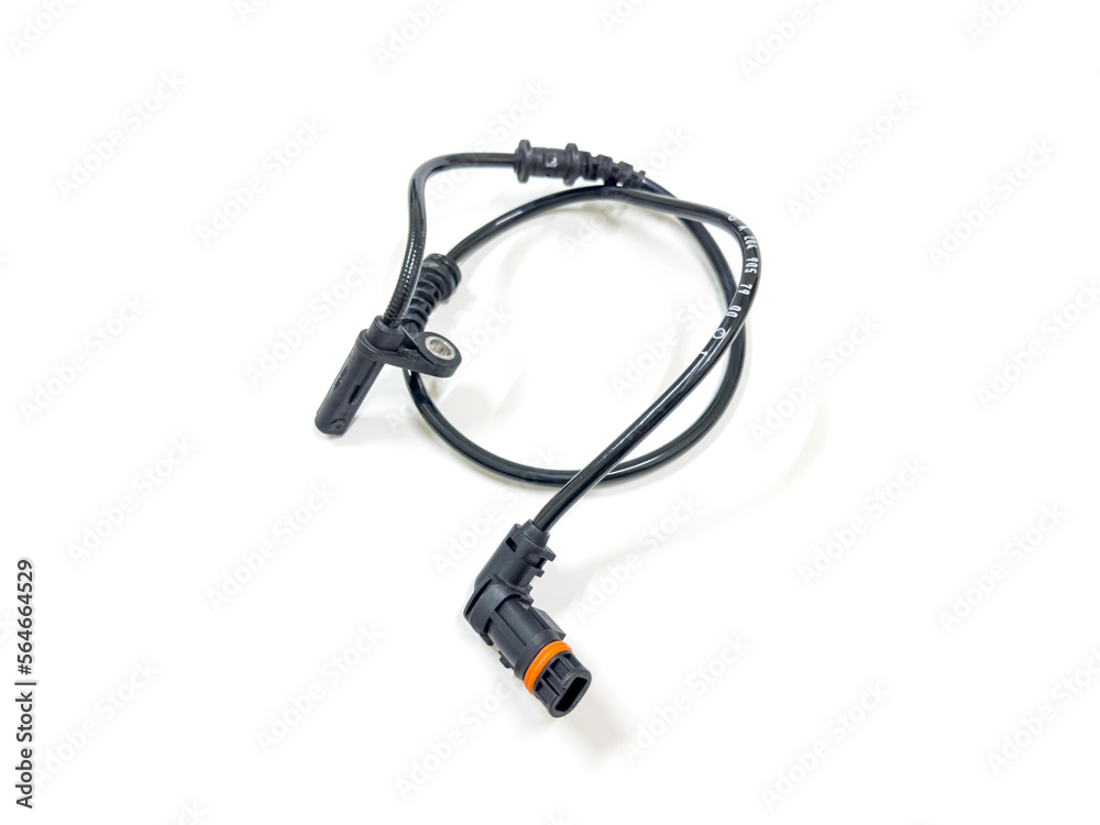 Anti-lock braking system (ABS) sensor on white background, Car maintenance service.