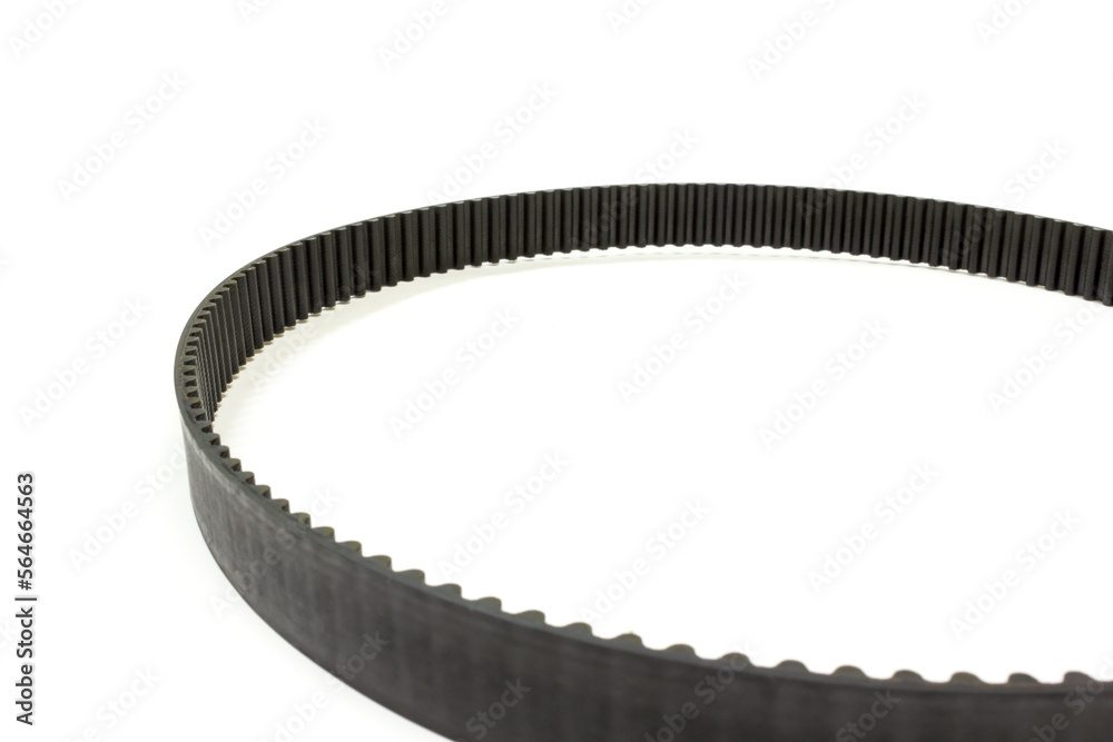 New timing belt on white background, Isolated, Car maintenance service.