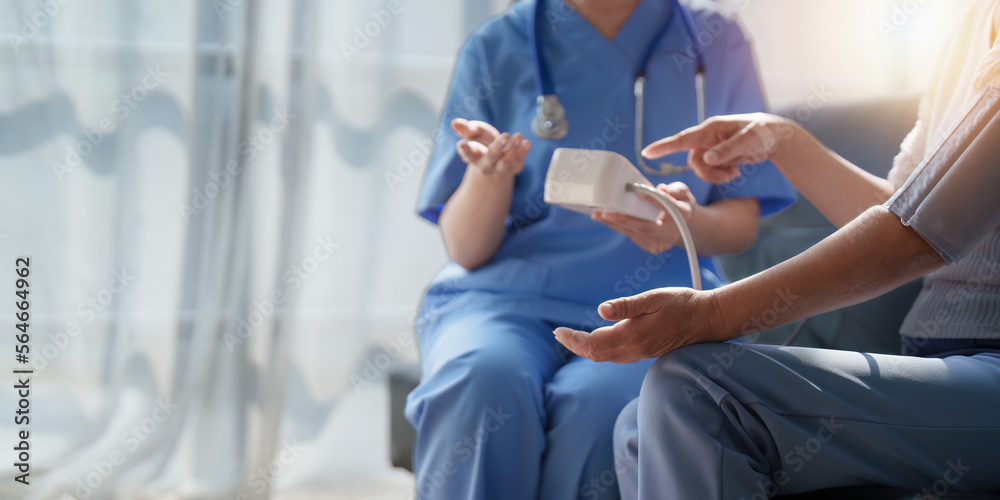 Fototapeta premium Home healthcare nurse, physical therapy with senior adult woman at home