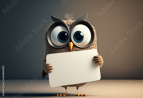 Cute Cartoon Owl Character Holding a BlankSign (Generative AI) photo