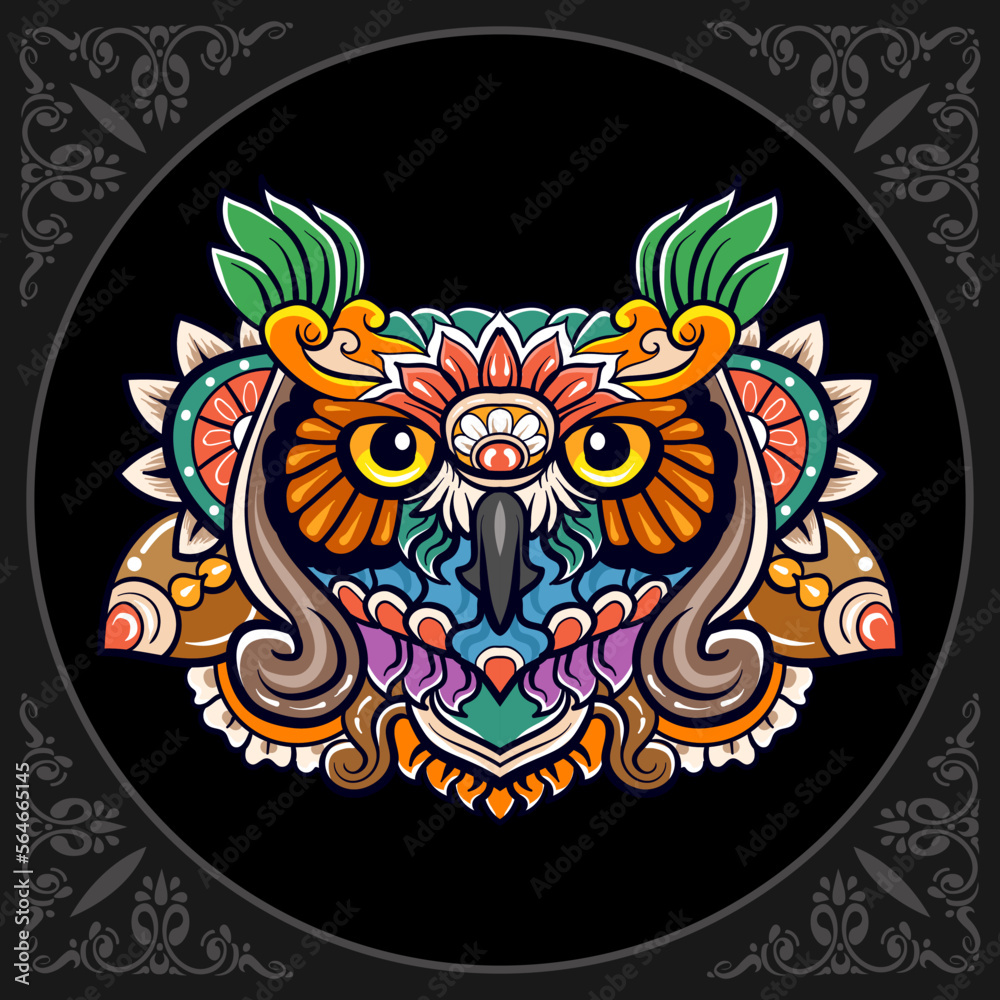 Colorful Owl head mandala arts isolated on black background