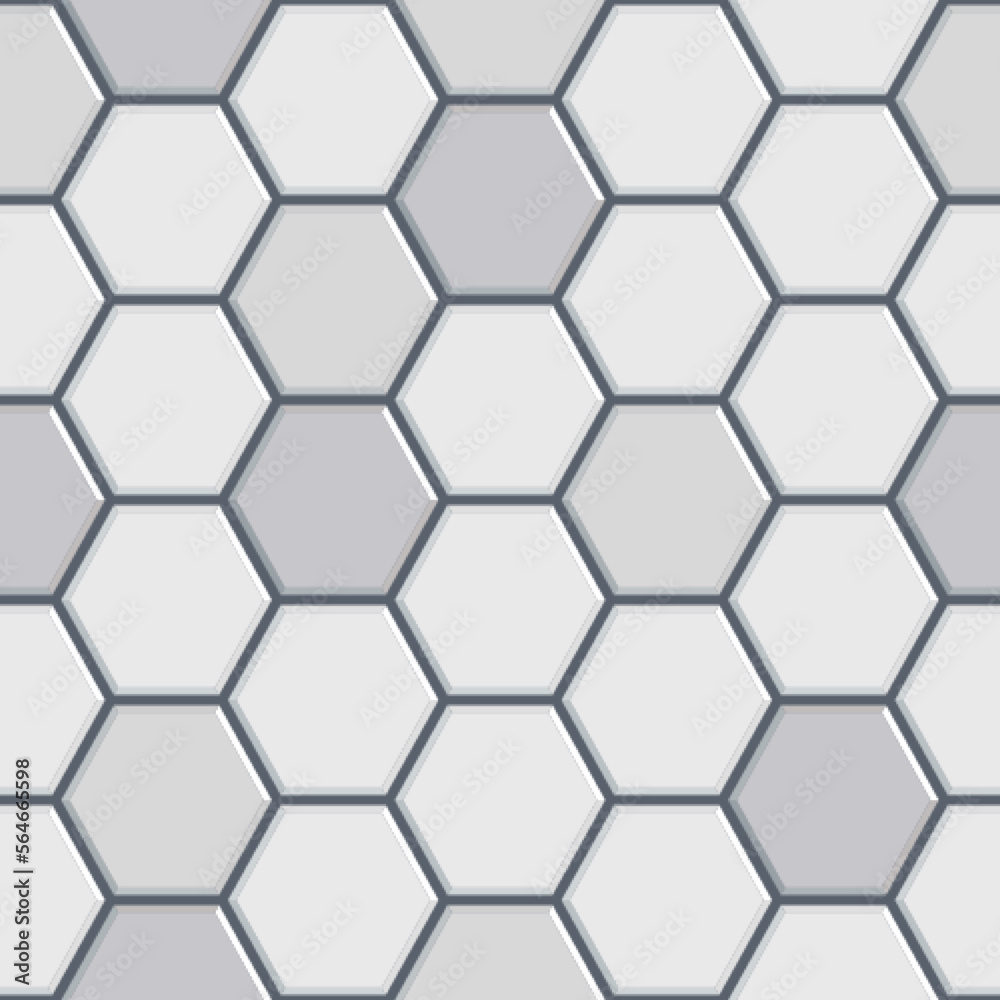 Realistic white glossy ceramic hexagon tiles seamless pattern. Modern home interior, bathroom and kitchen wall texture. Vector gray shiny hexagonal mosaic wall background. Realistic white glossy ceramic hexagon tiles seamless pattern. Modern home interior, bathroom and kitchen wall texture. Vector gray shiny hexagonal mosaic wall background.