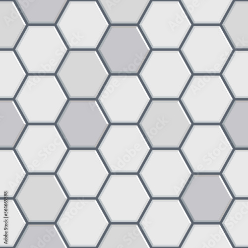 Realistic white glossy ceramic hexagon tiles seamless pattern. Modern home interior, bathroom and kitchen wall texture. Vector gray shiny hexagonal mosaic wall background.