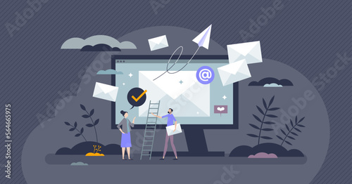 Email marketing as send digital mail for communication tiny person concept. Network lettering, newsletters and receiving correspondence with sales offers as advertising strategy vector illustration.