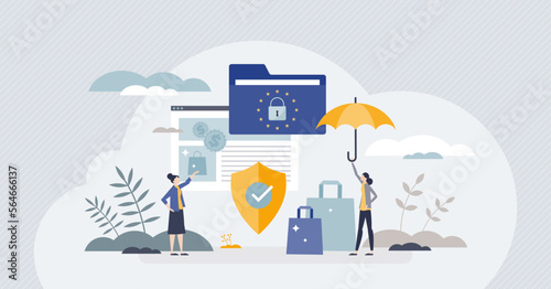 Omnibus directive as EU regulation for customer rights tiny person concept. Buyer protection for safe online ecommerce shopping vector illustration. Client purchase warranty rules for web shopping.