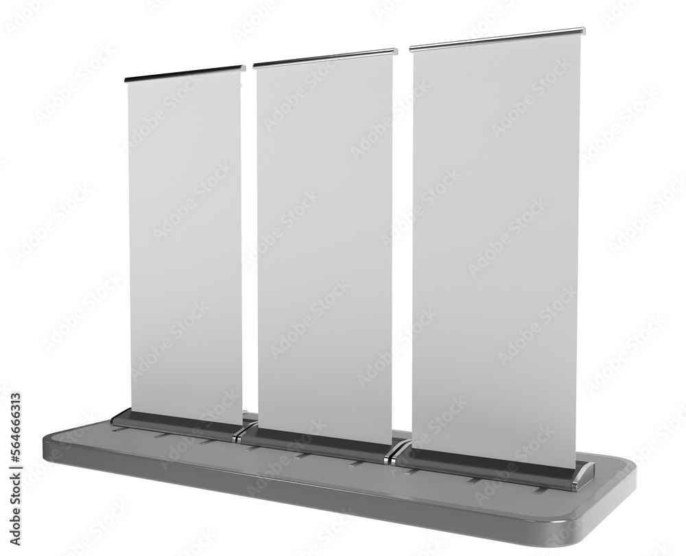 Blank white vertical three roll-up banners, 3D render Blank white vertical three roll-up banners, 3D render
