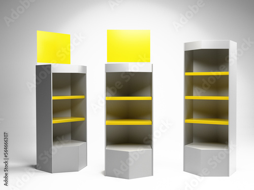 Supermarket POS POI Cardboard Floor Display Rack, Blank Empty Advertisement Stand Mock Up, 3D rendering	