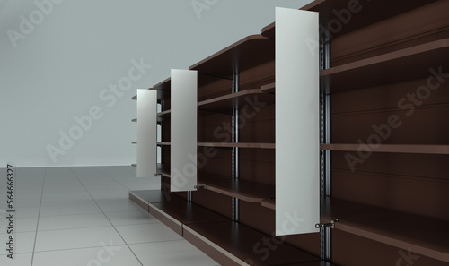 Blank Shelf-Stopper With Shelf, Close-up View Wobler Template, White Advertising Banner Attached To Shelf, 3D render Illustration