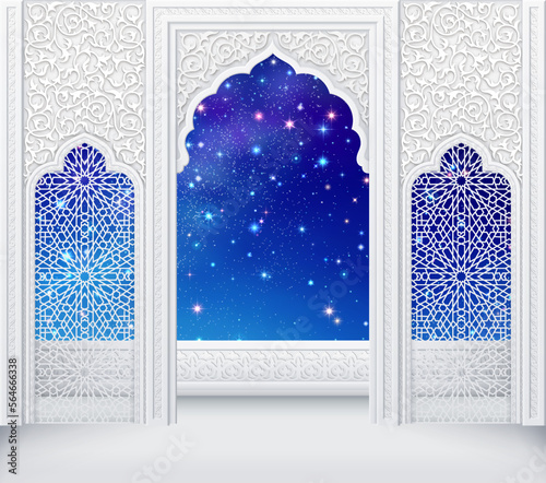Islamic design arch in Clouds with starry sky with colorful stars
