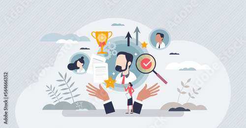 Employee talent management and career development tiny person concept. Professional job opportunity from company human resources vector illustration. Best successful sales leader with high ambitions.
