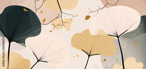 A Muted Wallpaper Background With Ginkgo Leaves And Shapes. Vector Illustration
