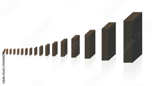 Domino chain reaction with increasing pieces. The smallest one starts, the bigger dominoes are still standing. Symbol for dangerous development and aggravation. Isolated vector on white.
