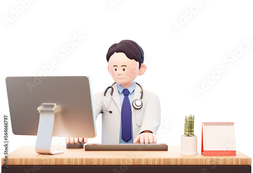 A 3d illustration of a doctor sitting at a desk and working in front of a computer.