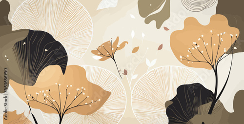 A Muted Wallpaper Background With Ginkgo Leaves And Shapes. Vector Illustration