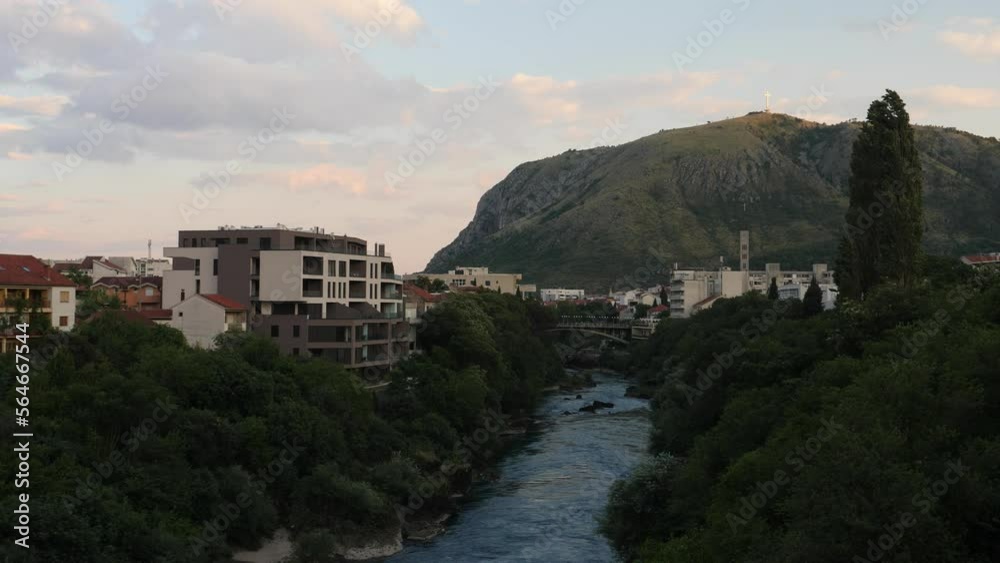 Apartment Buildings, Neretva River, Bridge and Mountain, Bosnia and Herzegovina Apartment Buildings, Neretva River, Bridge and Mountain, Bosnia and Herzegovina