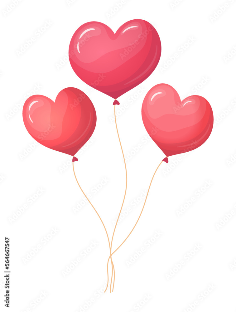 A flying bunch of pink balloons in the hearts shape. Vector for the holiday.