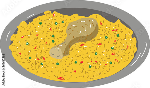 Plato de paella de arroz con pollo