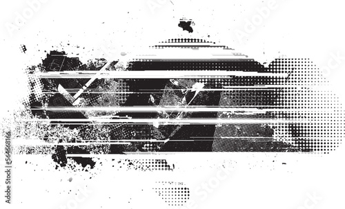 Glitch distorted geometric shape . Noise destroyed logo . Trendy defect error shapes . Glitched frame .Grunge textured . Distressed effect .Vector shapes with a halftone dots screen print texture.